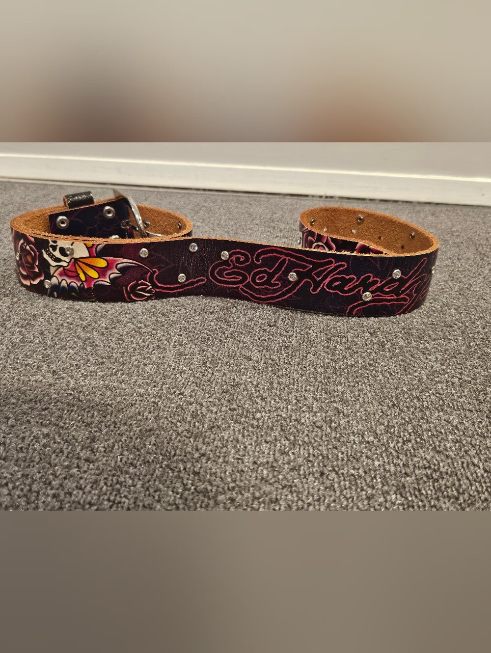 Ed Hardy Black Leather Belt Pink Logo & Skull Butterfly Wings With Rhinestones